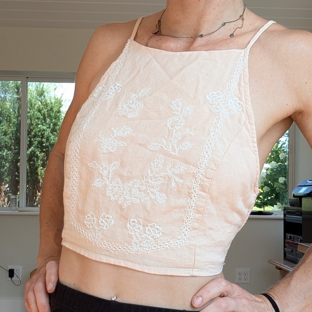 Zara Light Peach Embroidered Crop Top